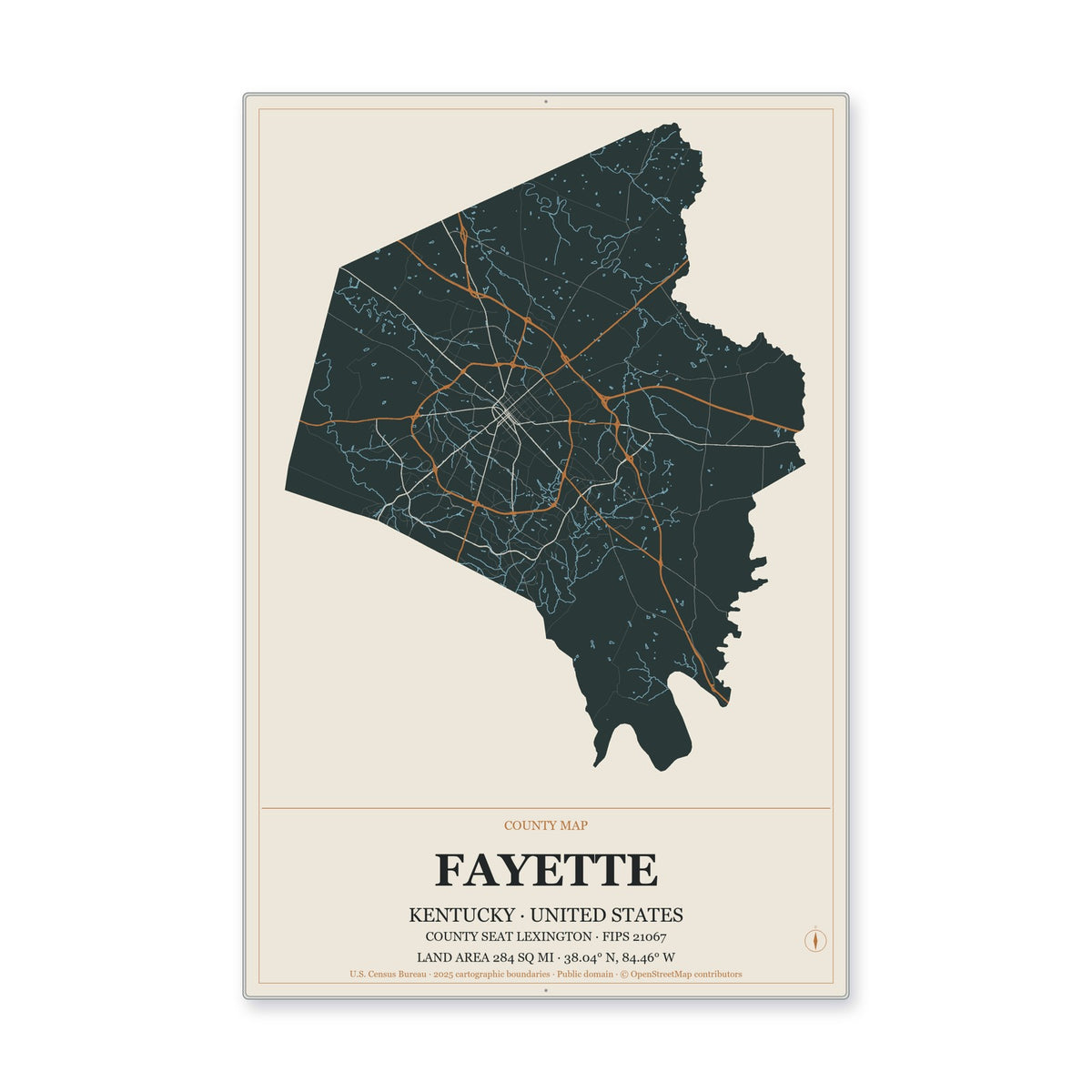 Fayette County, Kentucky Map Aluminum Sign in Headline Atlas style