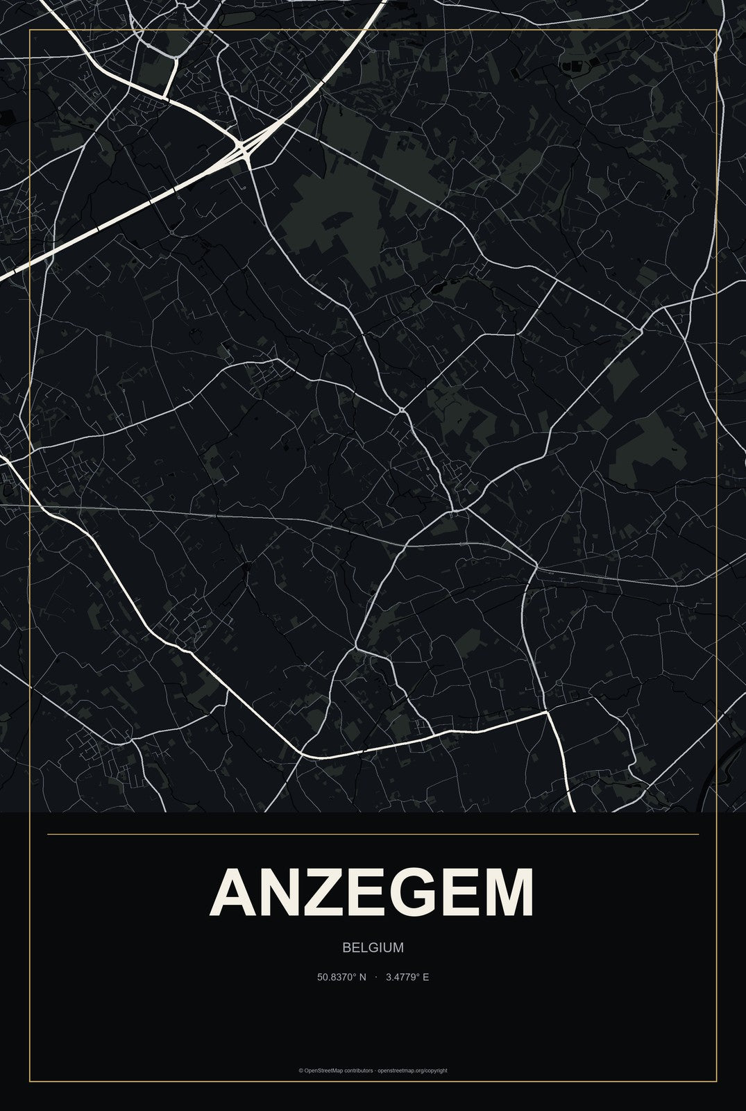 Anzegem, Belgium City Map Aluminum Sign in Metropolitan Noir style