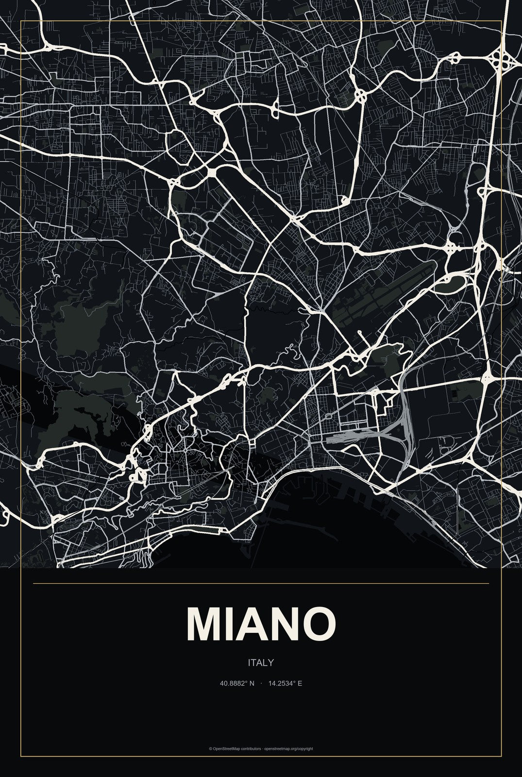 Miano, Italy City Map Aluminum Sign in Metropolitan Noir style
