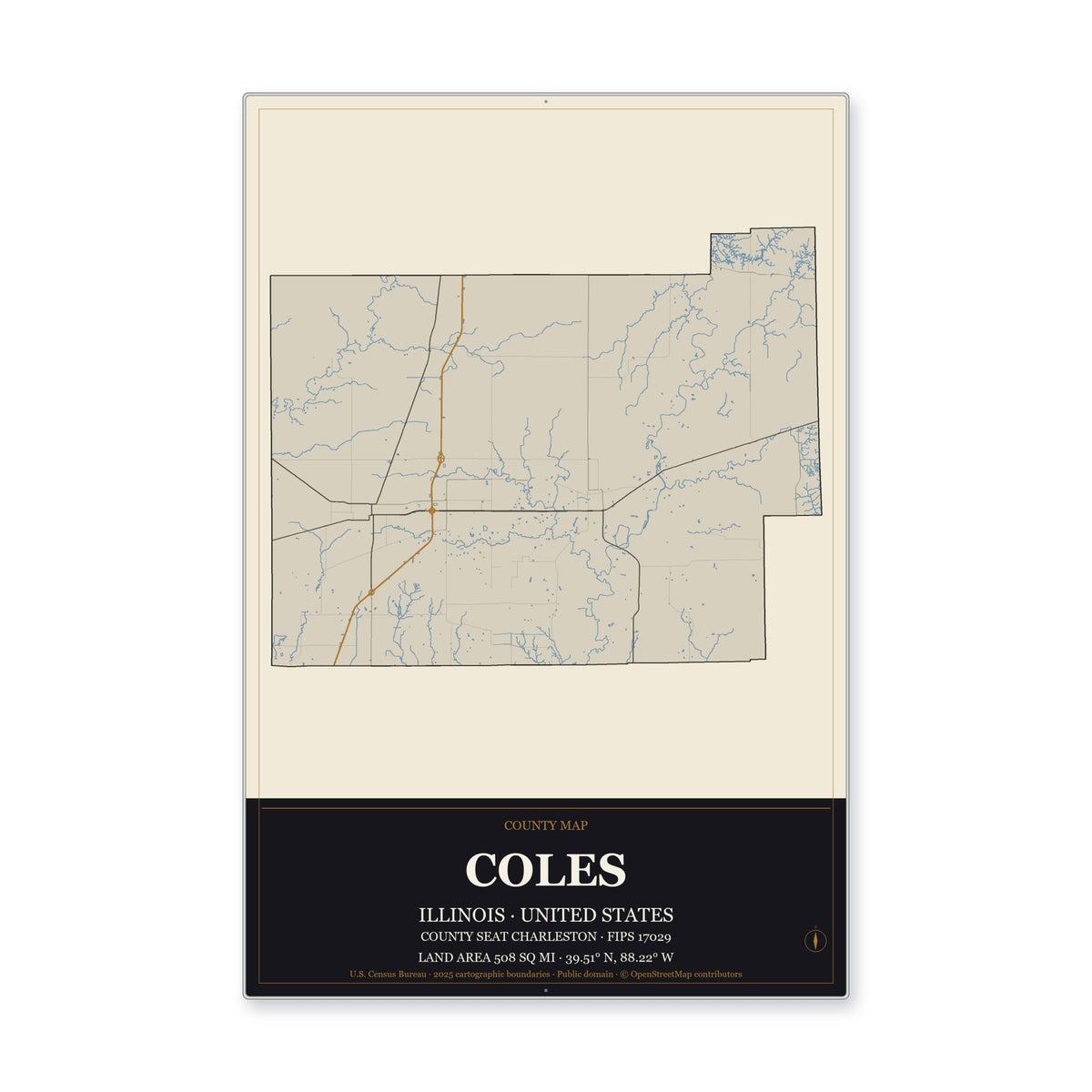 Coles County, Illinois Map Aluminum Sign in Museum Plaque style
