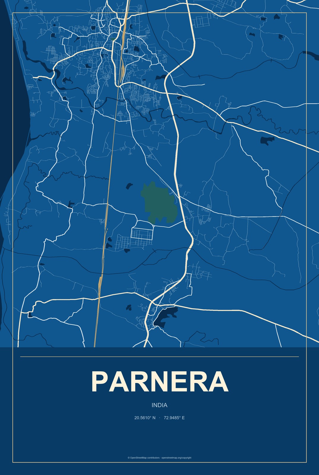 Parnera, India City Map Aluminum Sign in Harbor Cobalt style