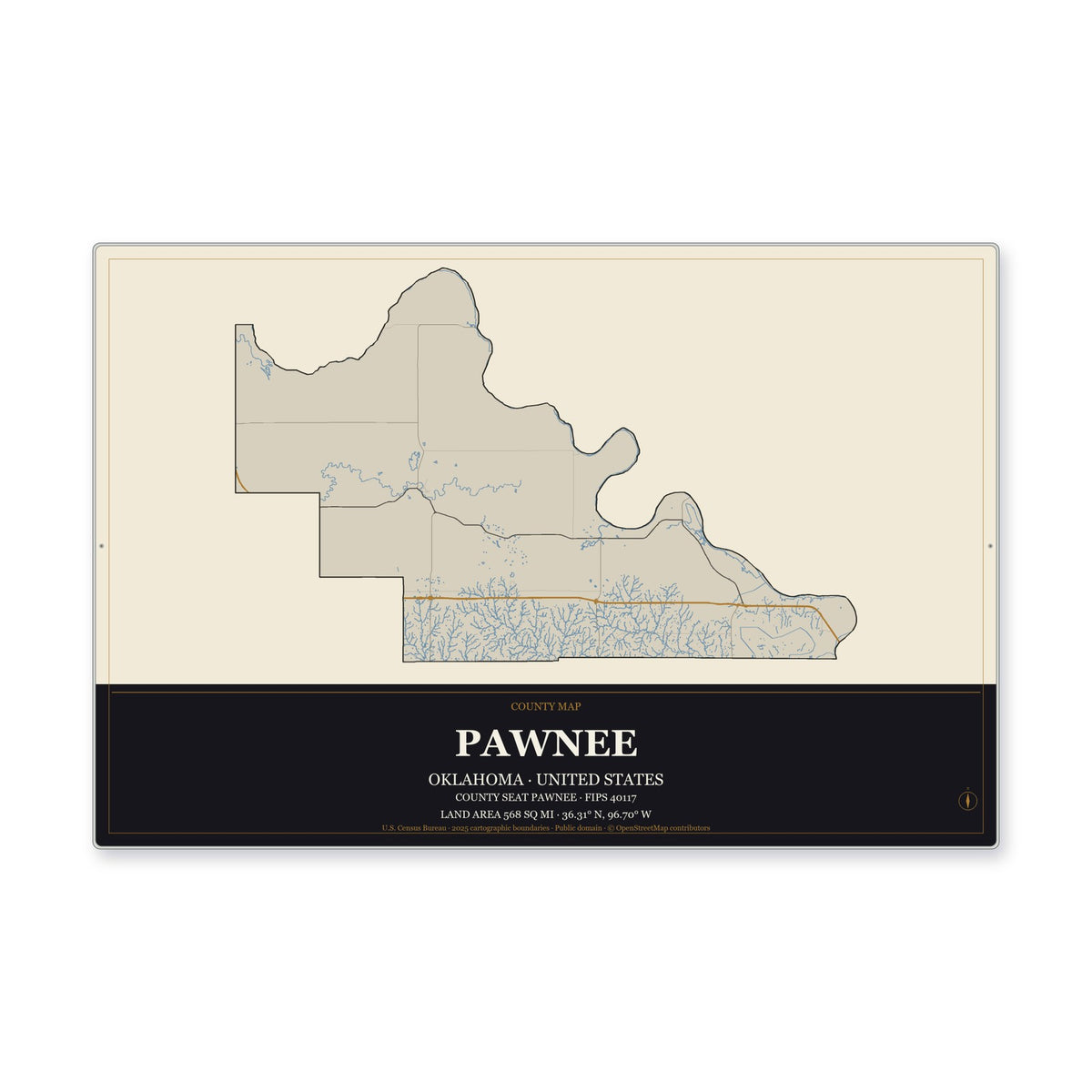 Pawnee County, Oklahoma Map Aluminum Sign in Museum Plaque style