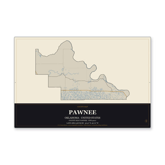 Pawnee County, Oklahoma Map Aluminum Sign in Museum Plaque style