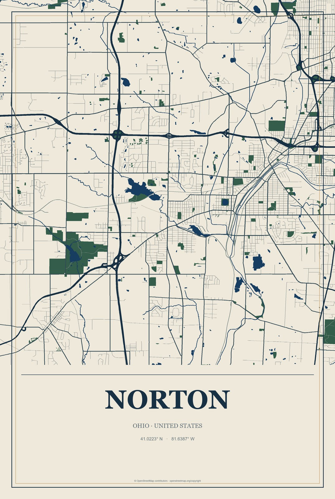 Norton, Ohio City Map Aluminum Sign in Coastal Cutout style
