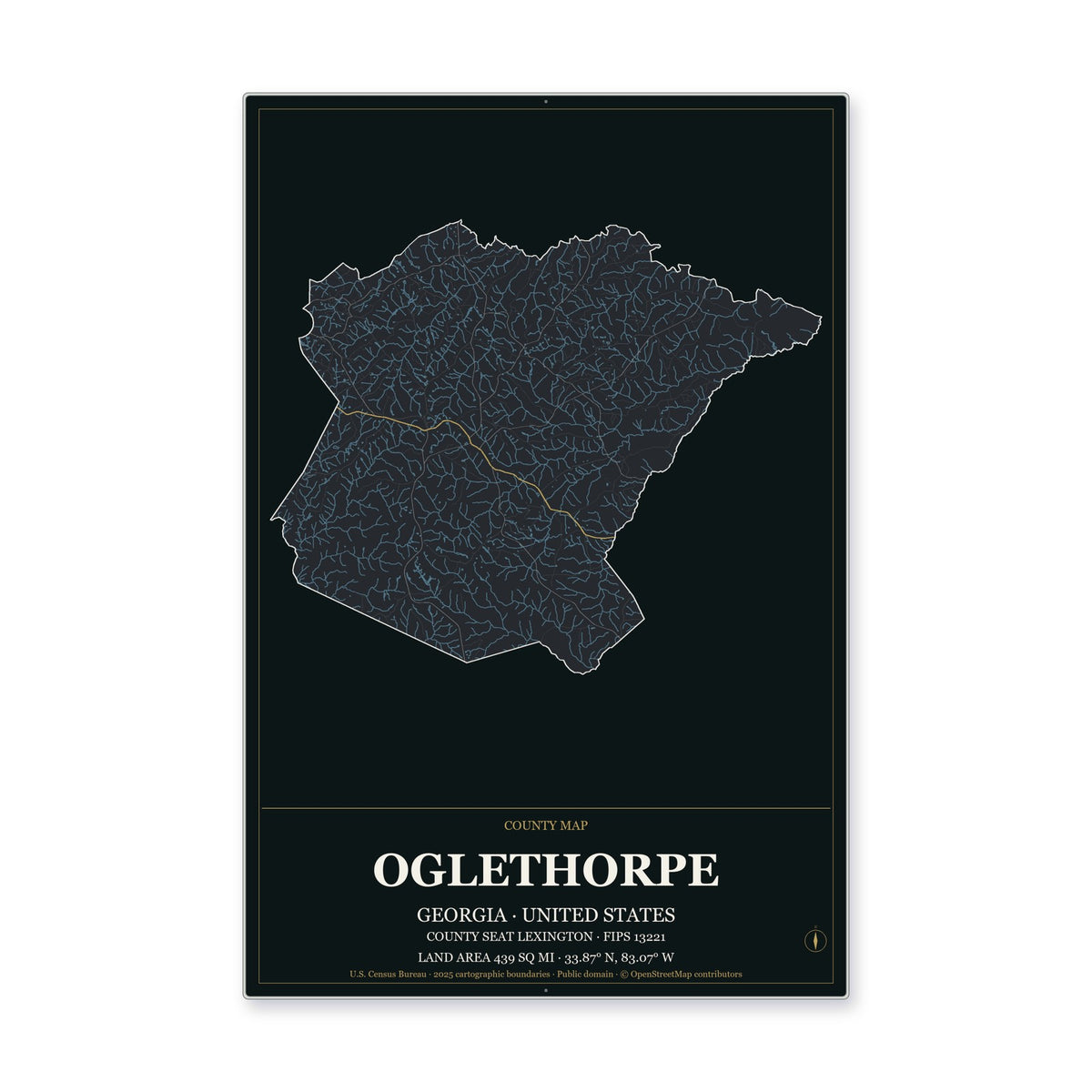 Oglethorpe County, Georgia Map Aluminum Sign in Metropolitan Noir style