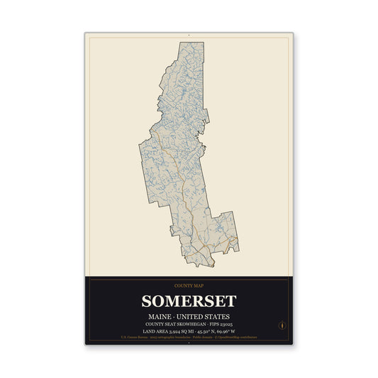 Somerset County, Maine Map Aluminum Sign in Museum Plaque style