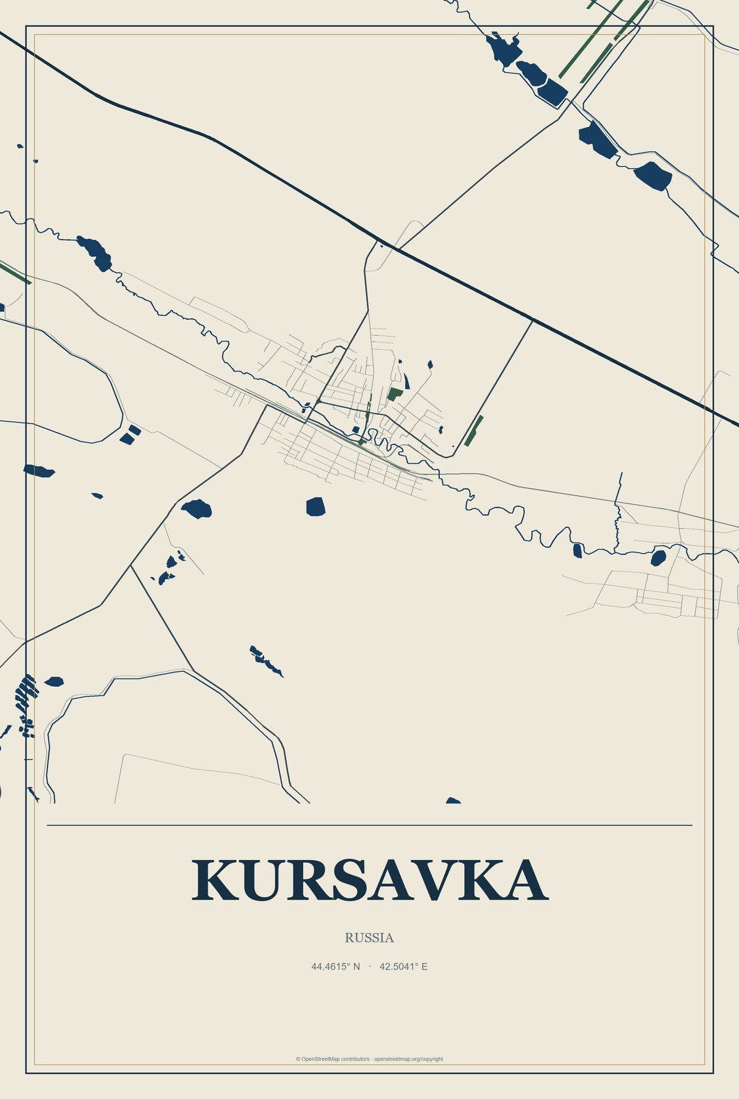 Kursavka, Russia City Map Aluminum Sign in Coastal Cutout style