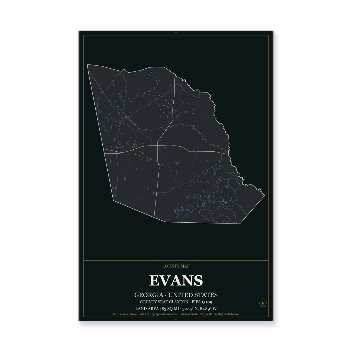 Evans County, Georgia Map Aluminum Sign in Metropolitan Noir style