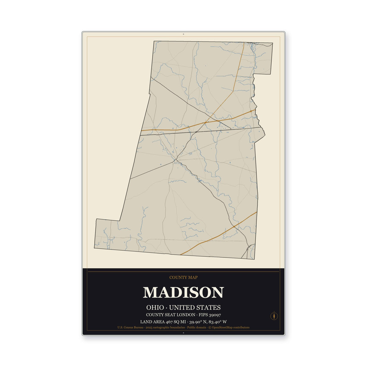 Madison County, Ohio Map Aluminum Sign in Museum Plaque style