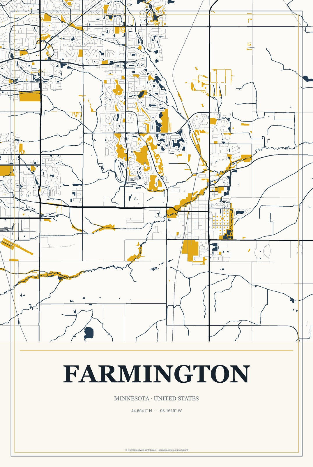 Farmington, Minnesota City Map Aluminum Sign in Citrine Modern style
