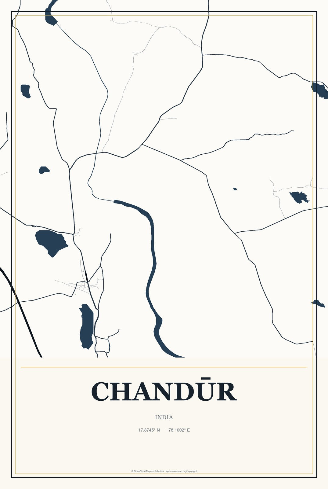 Chandūr, India City Map Aluminum Sign in Citrine Modern style