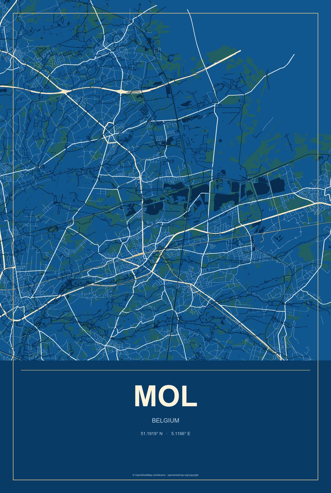 Mol, Belgium City Map Aluminum Sign in Harbor Cobalt style