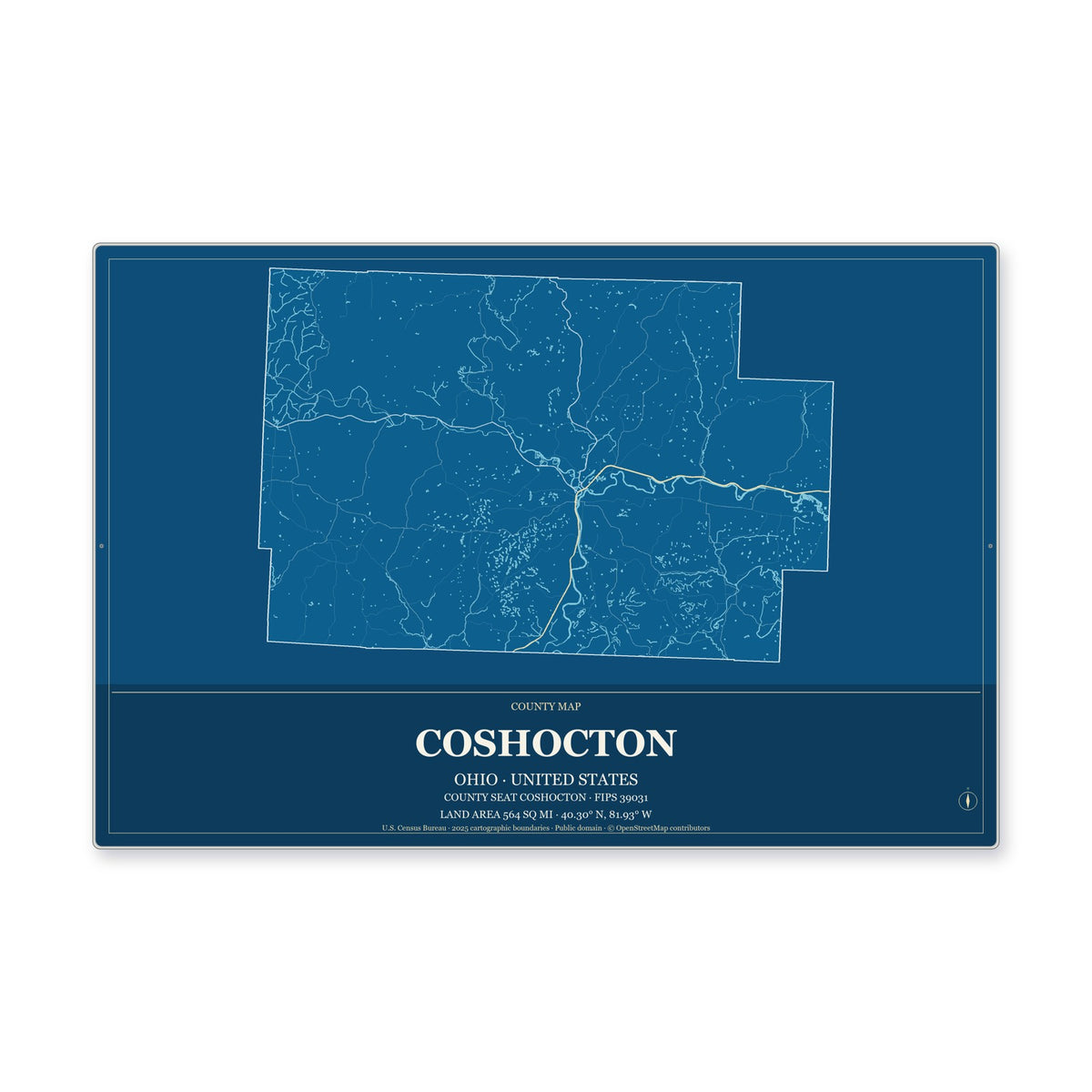Coshocton County, Ohio Map Aluminum Sign in Harbor Cobalt style