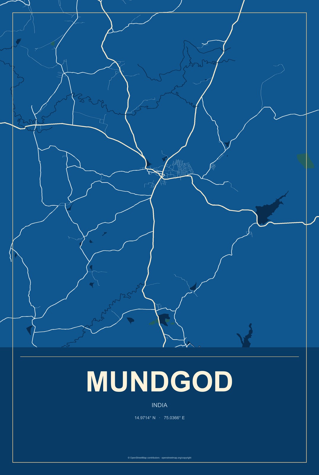 Mundgod, India City Map Aluminum Sign in Harbor Cobalt style