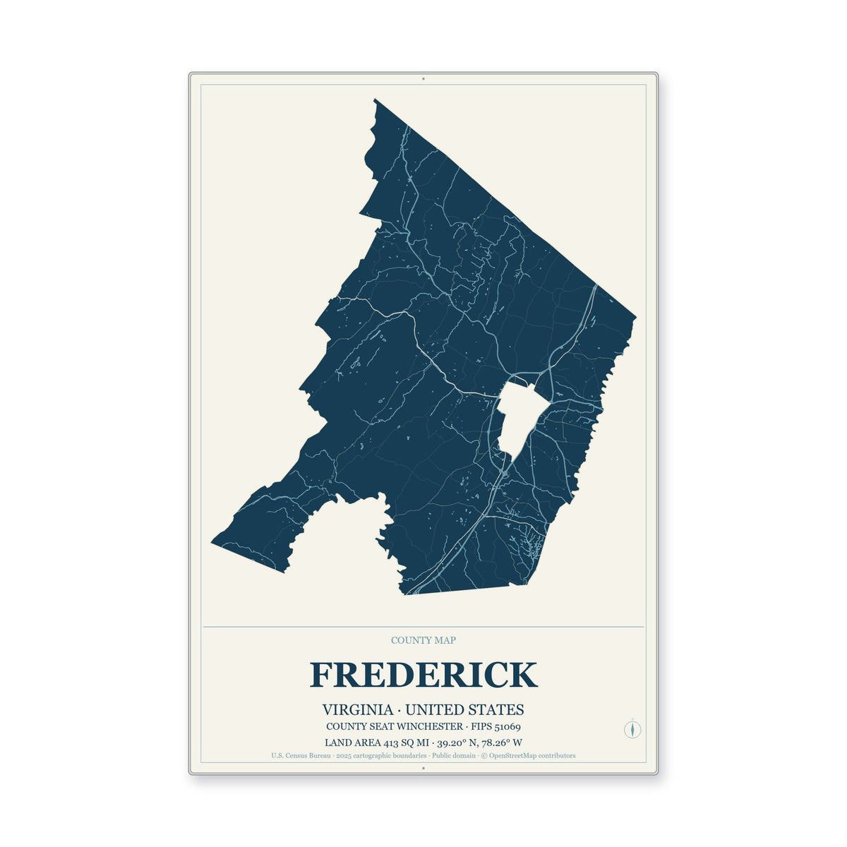 Frederick County, Virginia Map Aluminum Sign in Coastal Cutout style