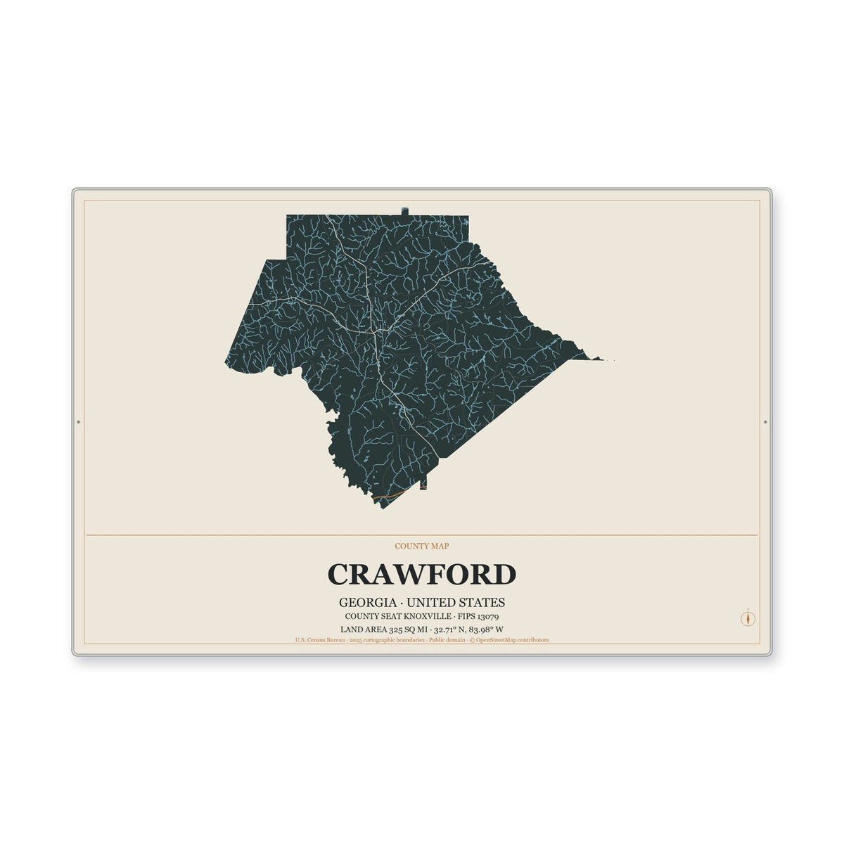 Crawford County, Georgia Map Aluminum Sign in Headline Atlas style