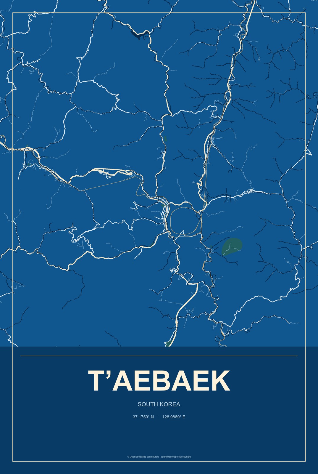 T’aebaek, South Korea City Map Aluminum Sign in Harbor Cobalt style