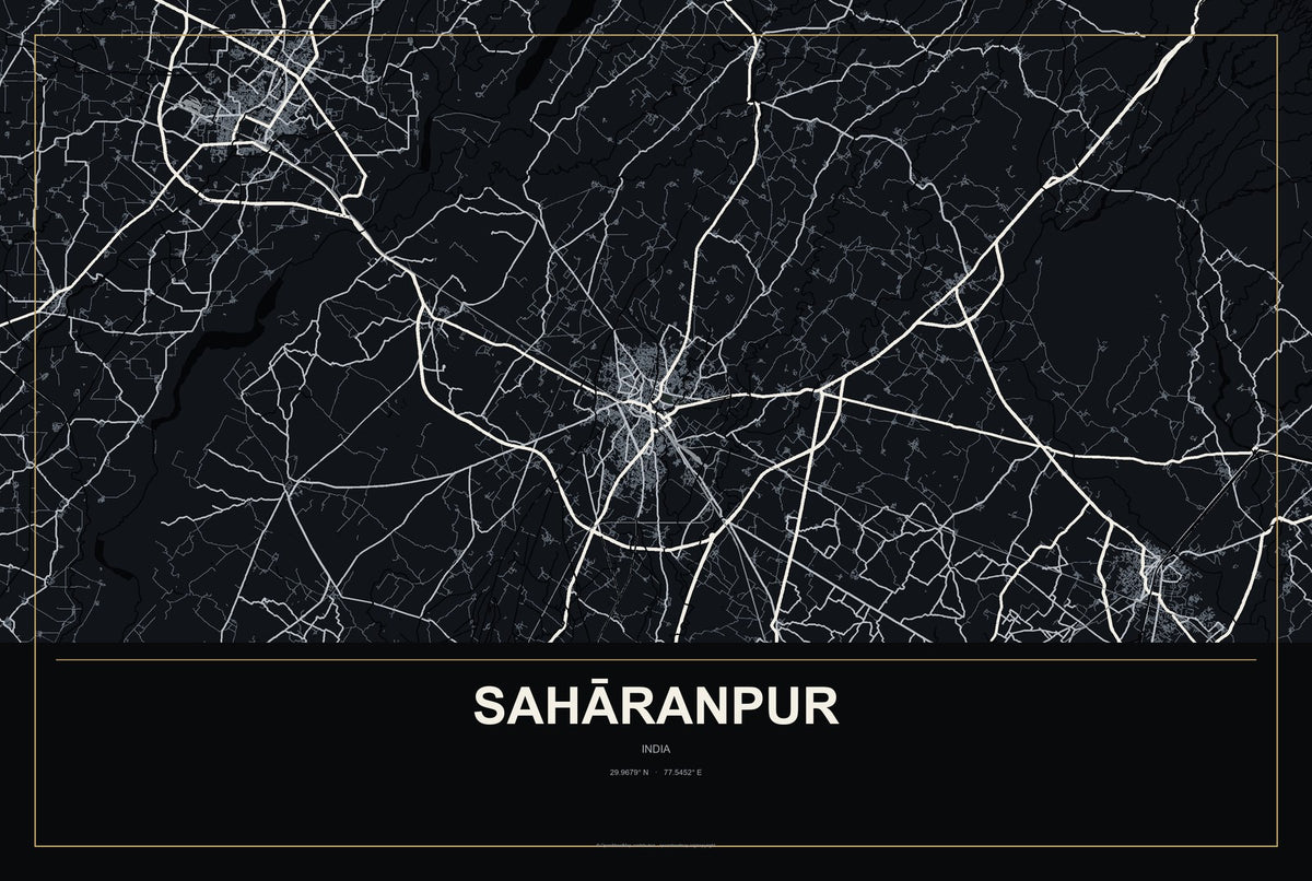 Sahāranpur, India City Map Aluminum Sign in Metropolitan Noir style