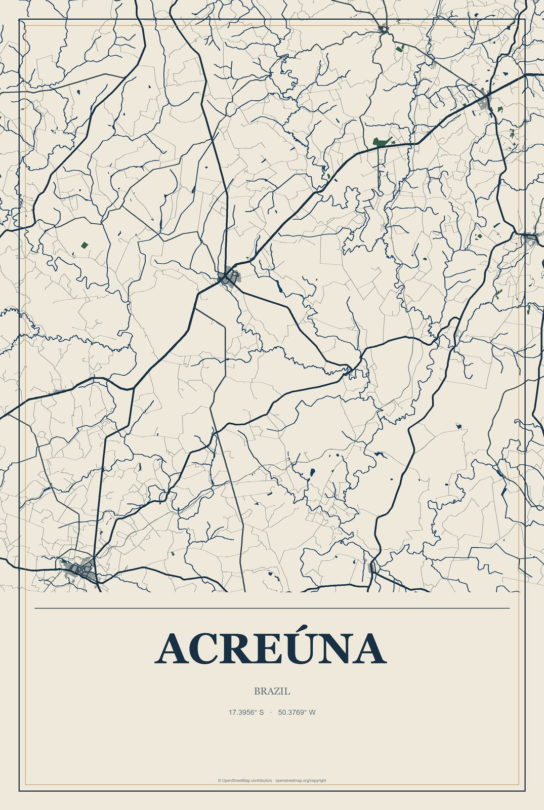 Acreúna, Brazil City Map Aluminum Sign in Coastal Cutout style
