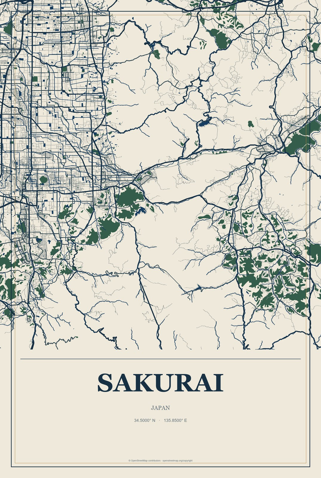 Sakurai, Japan City Map Aluminum Sign in Coastal Cutout style