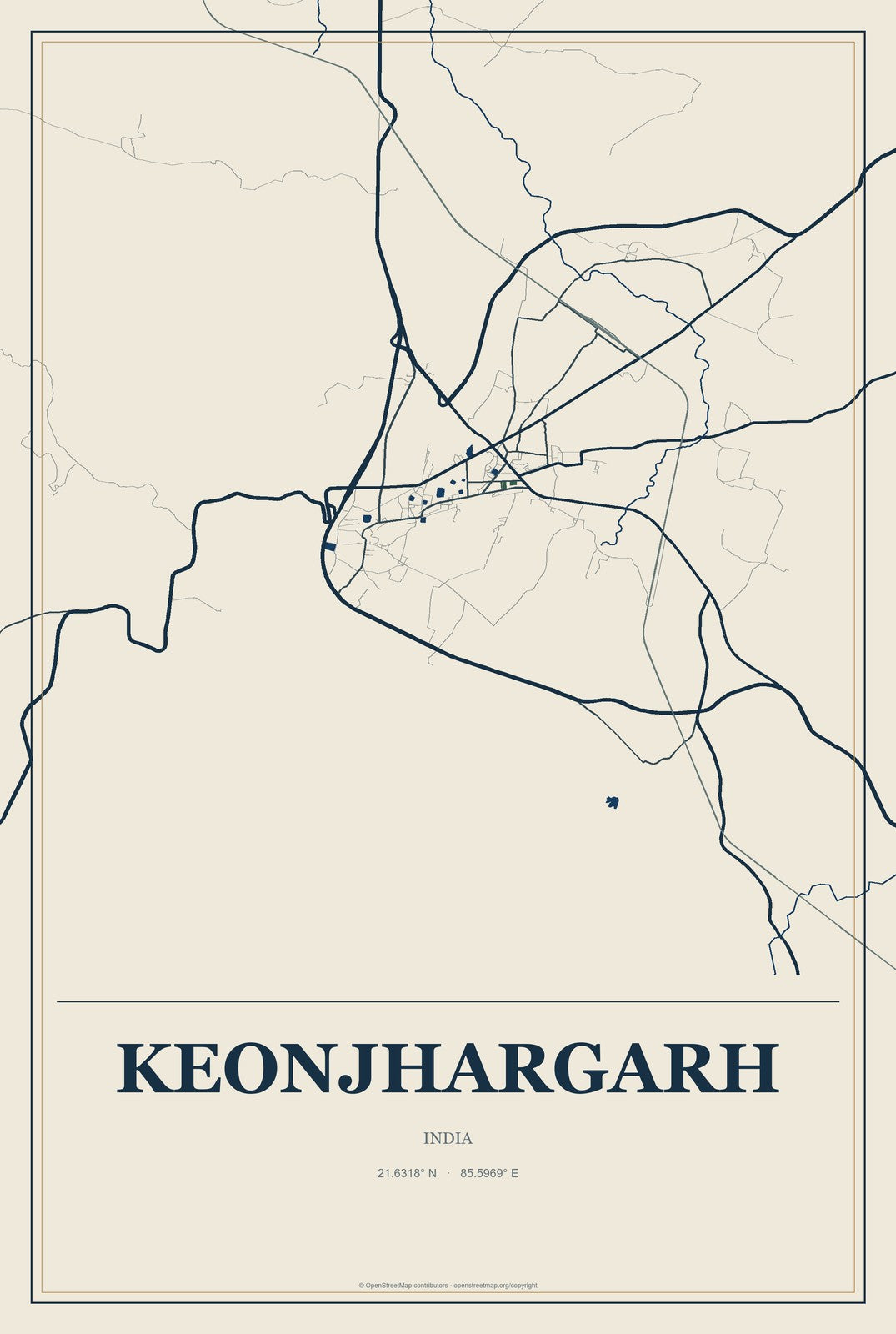 Keonjhargarh, India City Map Aluminum Sign in Coastal Cutout style