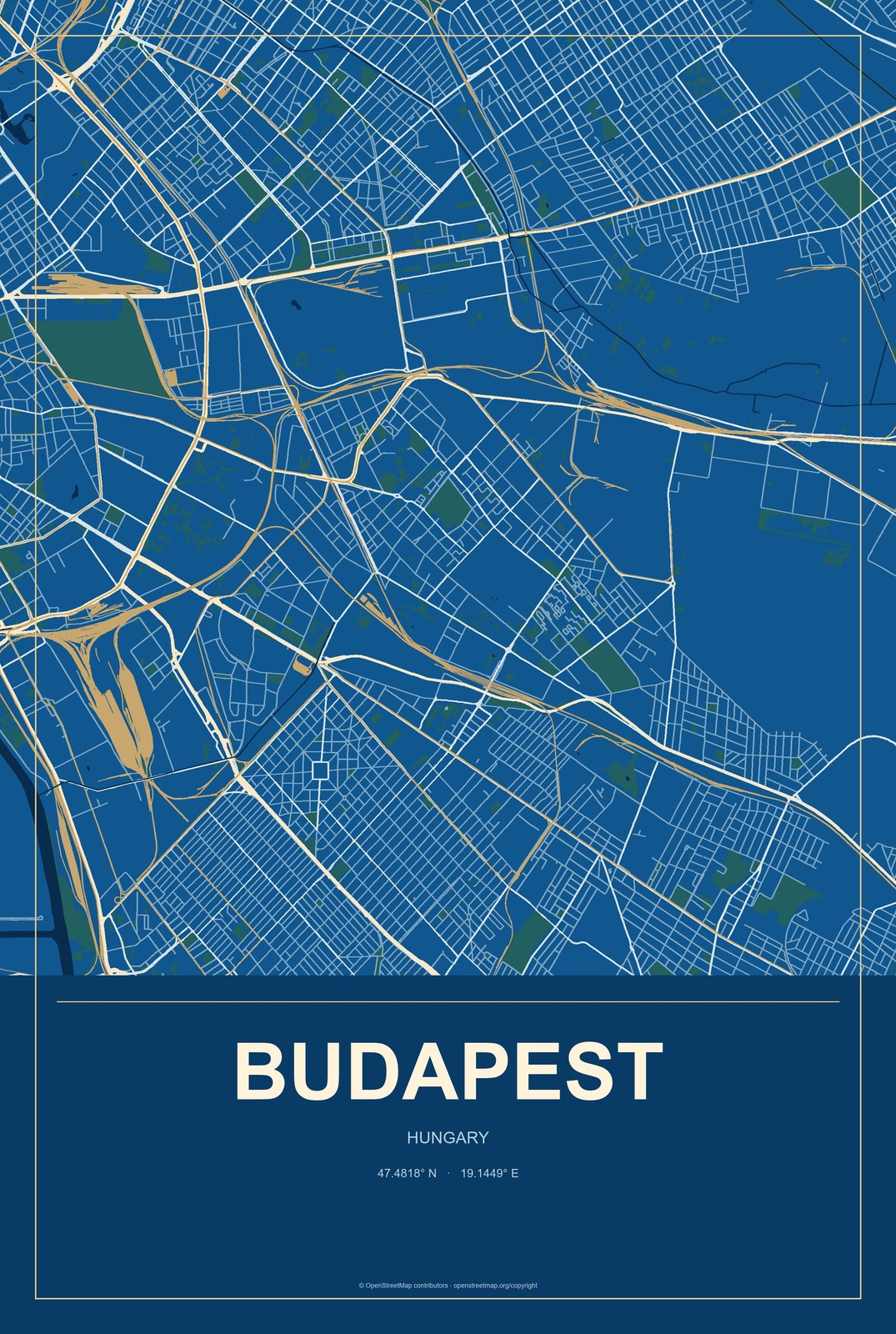Budapest, Hungary City Map Aluminum Sign in Harbor Cobalt style