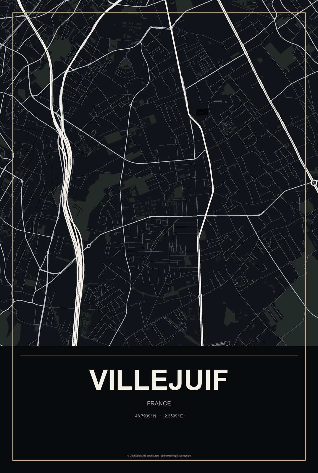 Villejuif, France City Map Aluminum Sign in Metropolitan Noir style