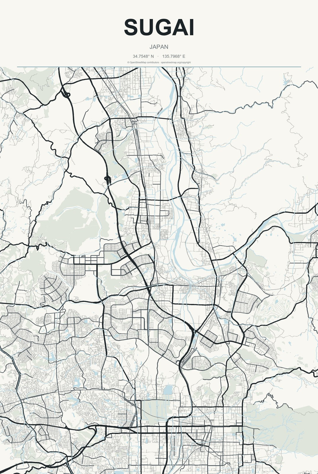 Sugai, Japan City Map Aluminum Sign in Headline Atlas style