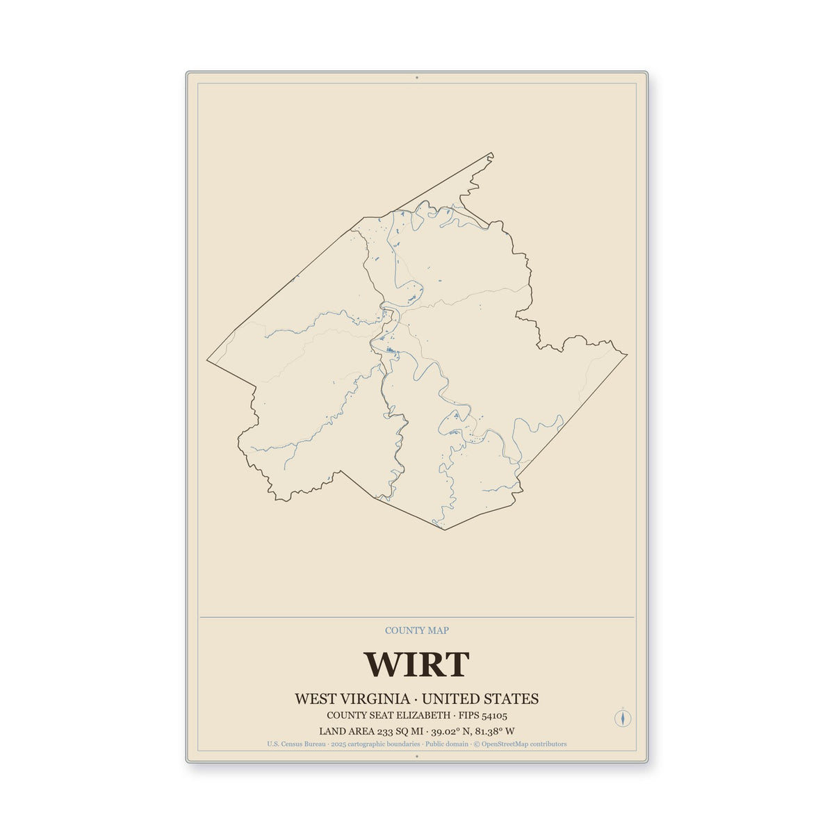 Wirt County, West Virginia Map Aluminum Sign in Heritage Nautical style