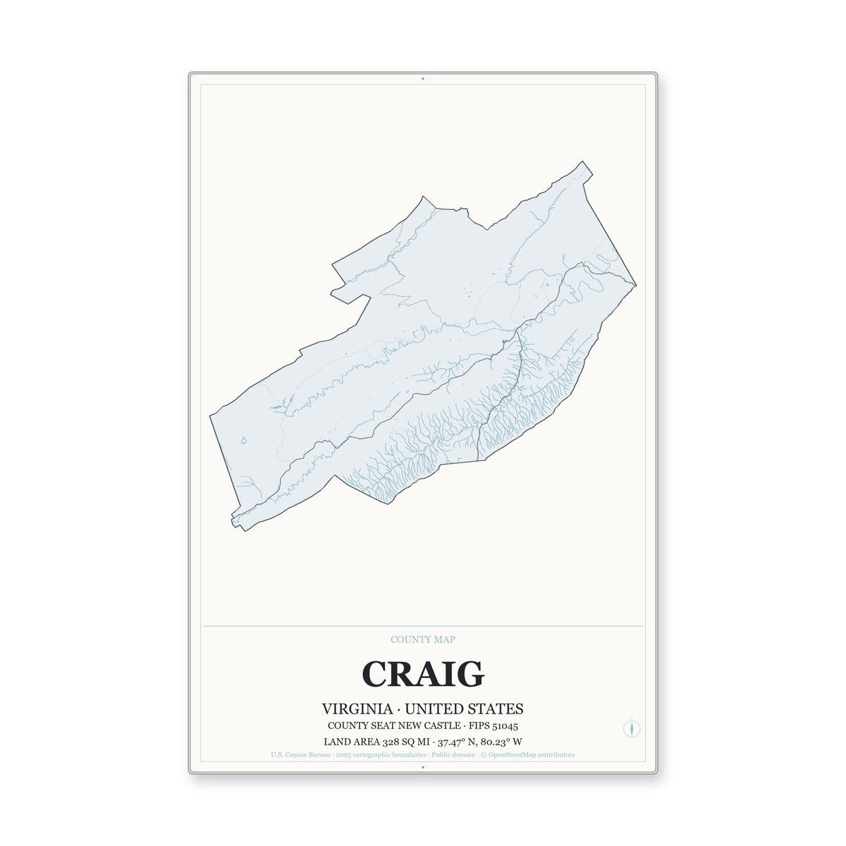 Craig County, Virginia Map Aluminum Sign in Gallery Air style