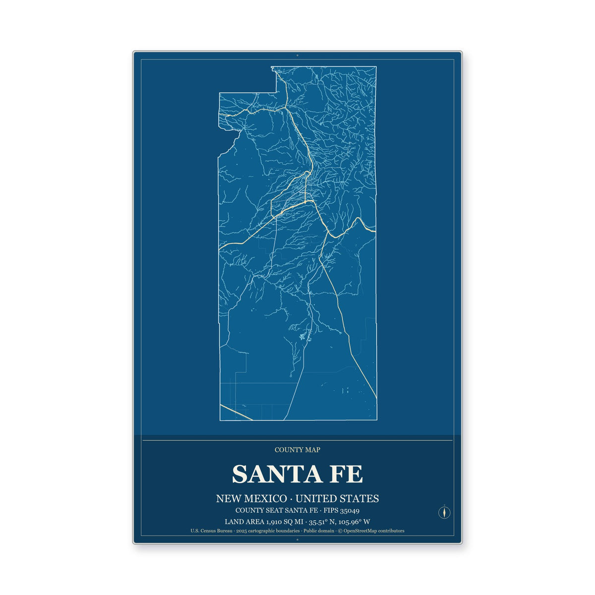 Santa Fe County, New Mexico Map Aluminum Sign in Harbor Cobalt style