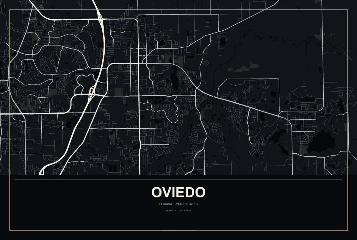 Oviedo, Florida City Map Aluminum Sign in Metropolitan Noir style