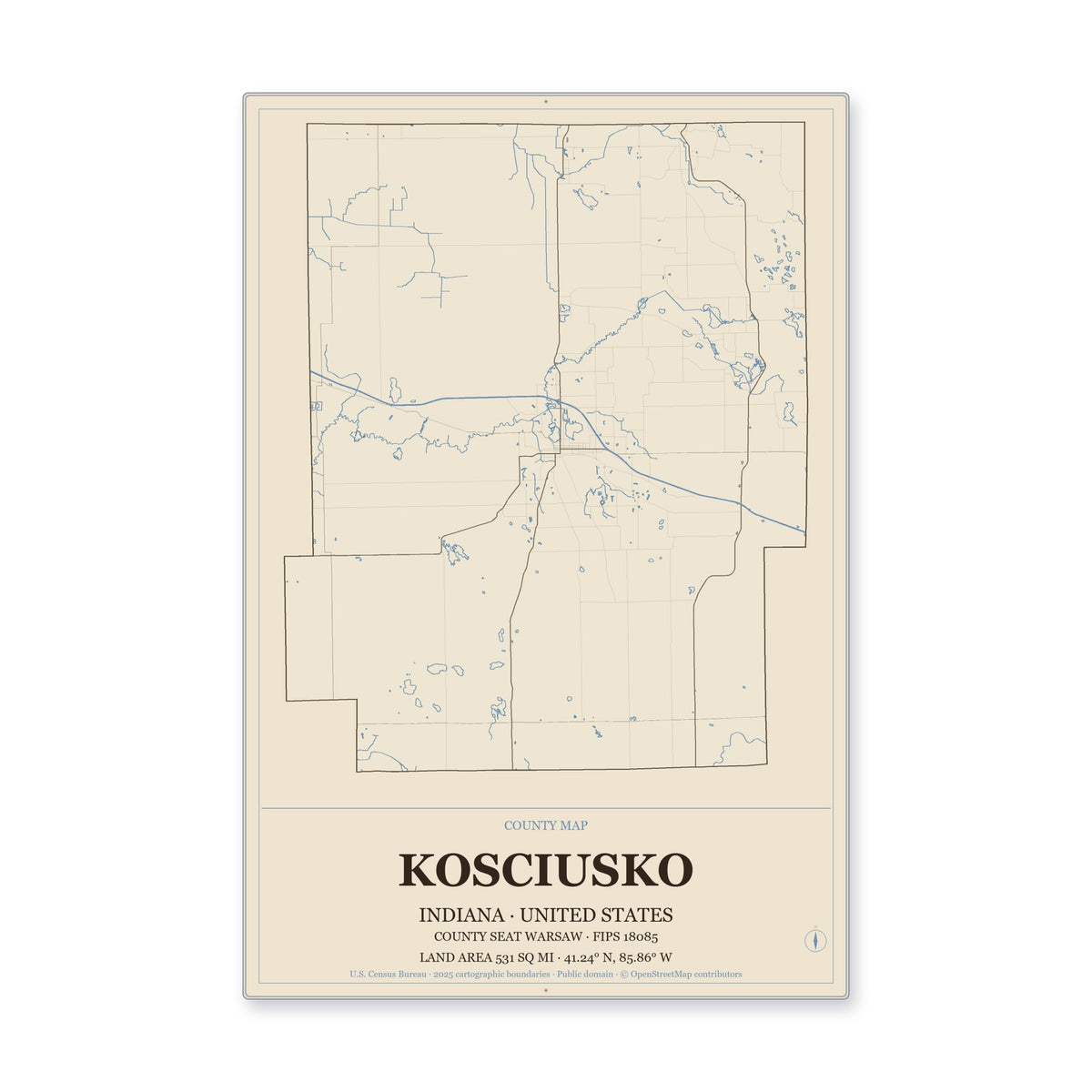 Kosciusko County, Indiana Map Aluminum Sign in Heritage Nautical style