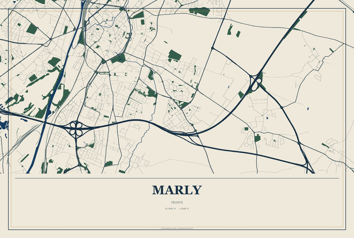 Marly, Hauts-de-France, France City Map Aluminum Sign in Coastal Cutout style