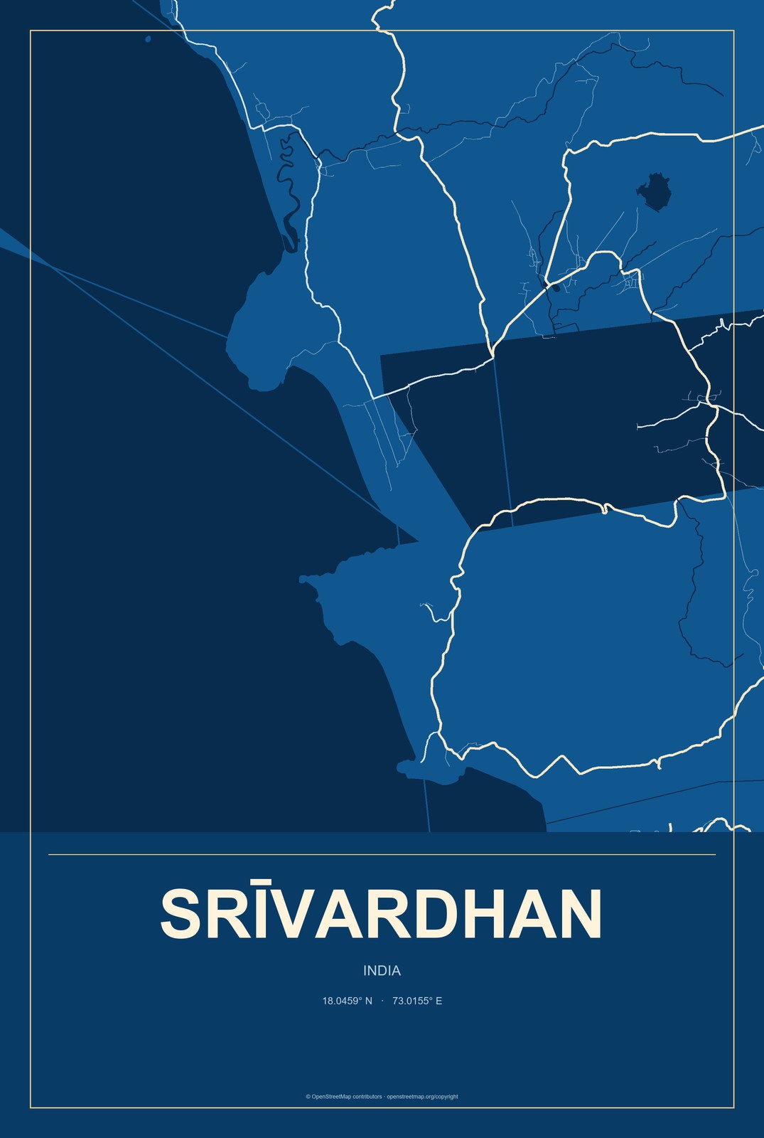 Srīvardhan, India City Map Aluminum Sign in Harbor Cobalt style