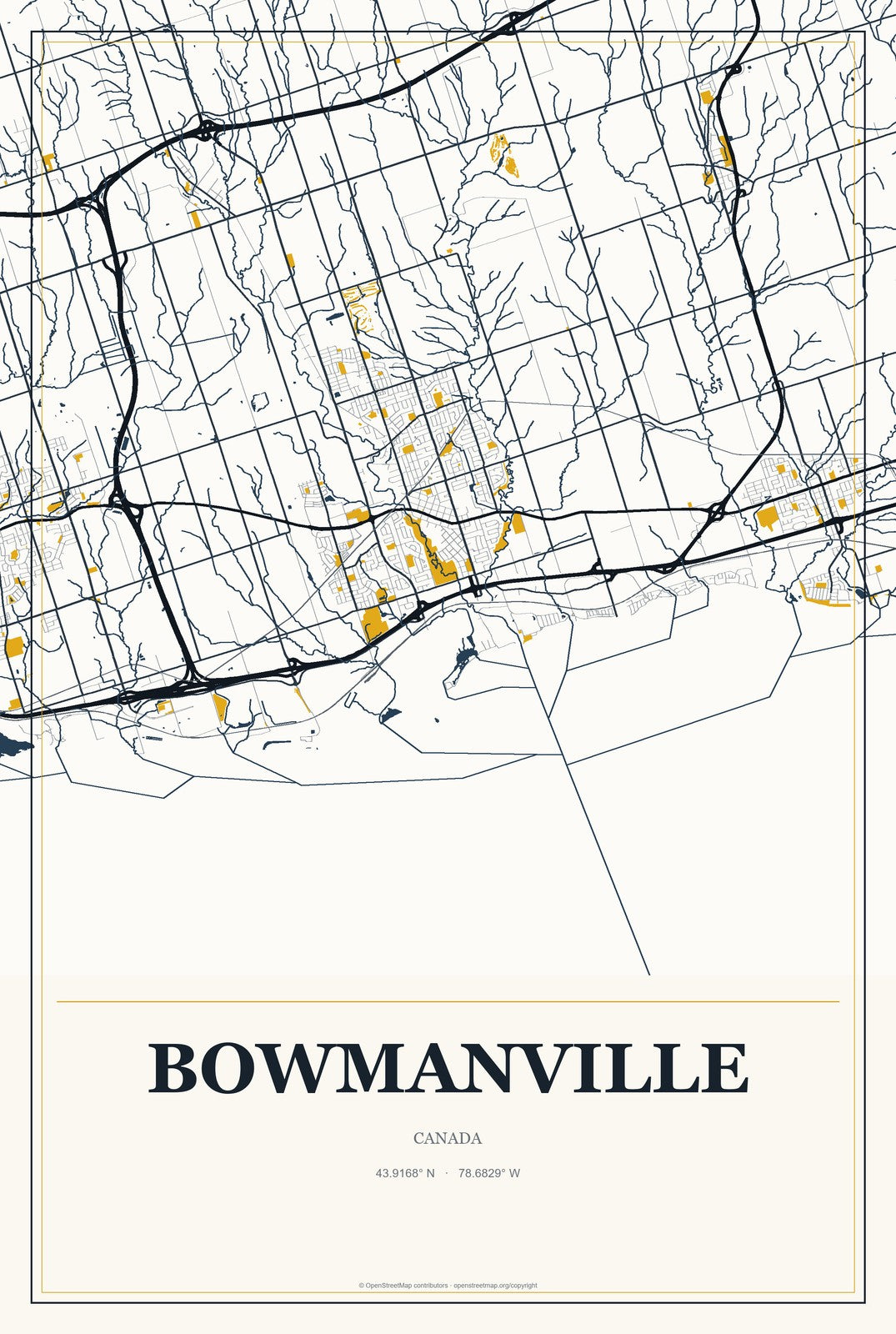 Bowmanville, Canada City Map Aluminum Sign in Citrine Modern style