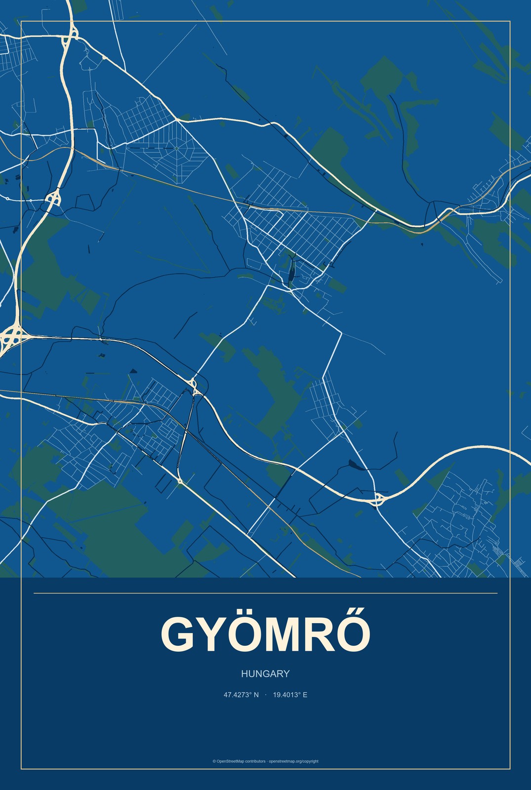 Gyömrő, Hungary City Map Aluminum Sign in Harbor Cobalt style