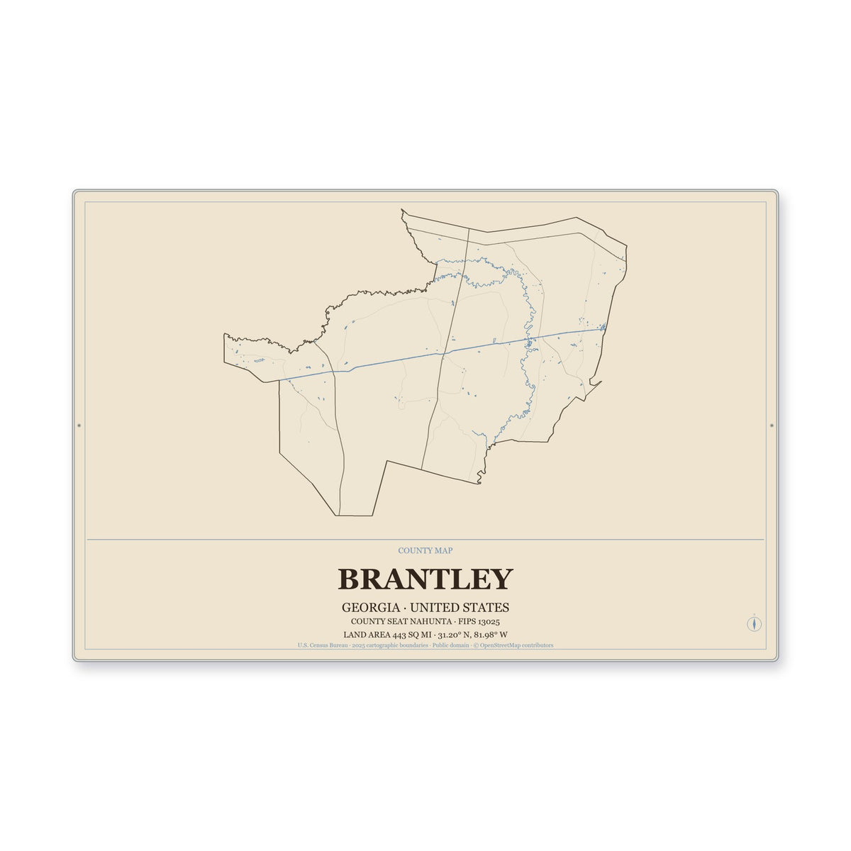 Brantley County, Georgia Map Aluminum Sign in Heritage Nautical style