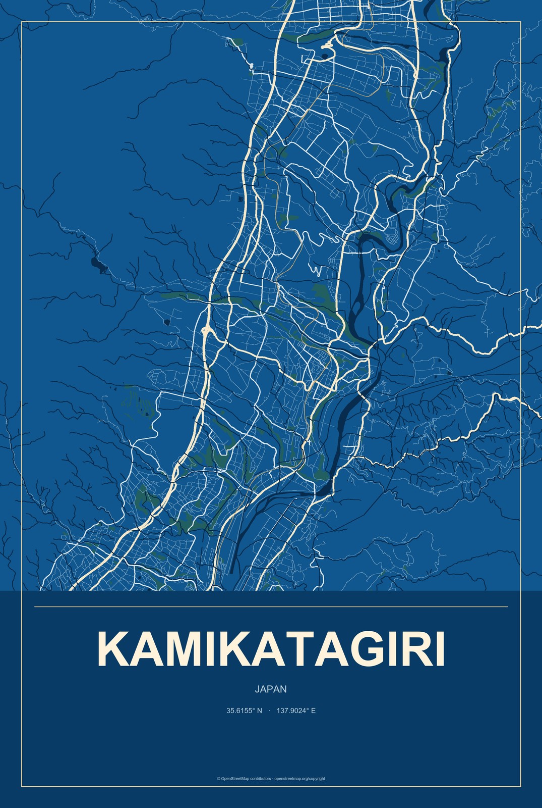 Kamikatagiri, Japan City Map Aluminum Sign in Harbor Cobalt style