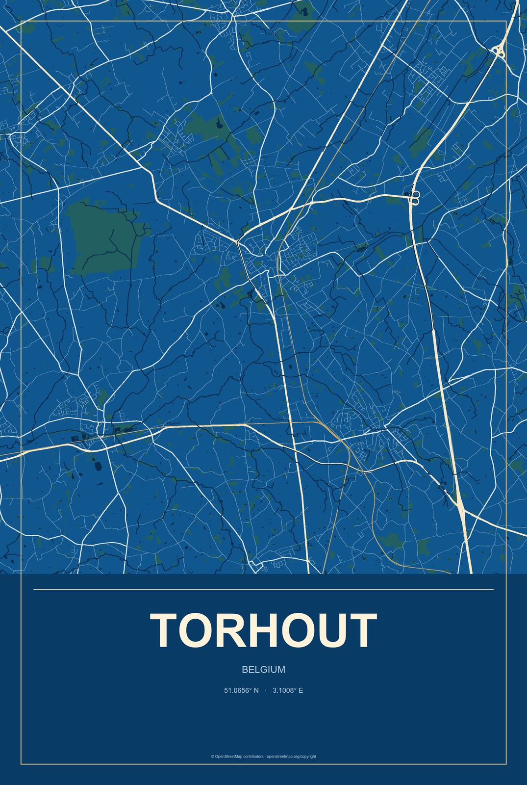 Torhout, Belgium City Map Aluminum Sign in Harbor Cobalt style