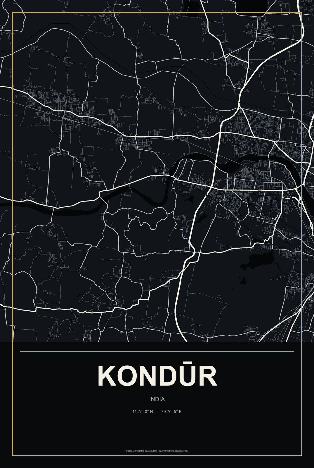 Kondūr, India City Map Aluminum Sign in Metropolitan Noir style