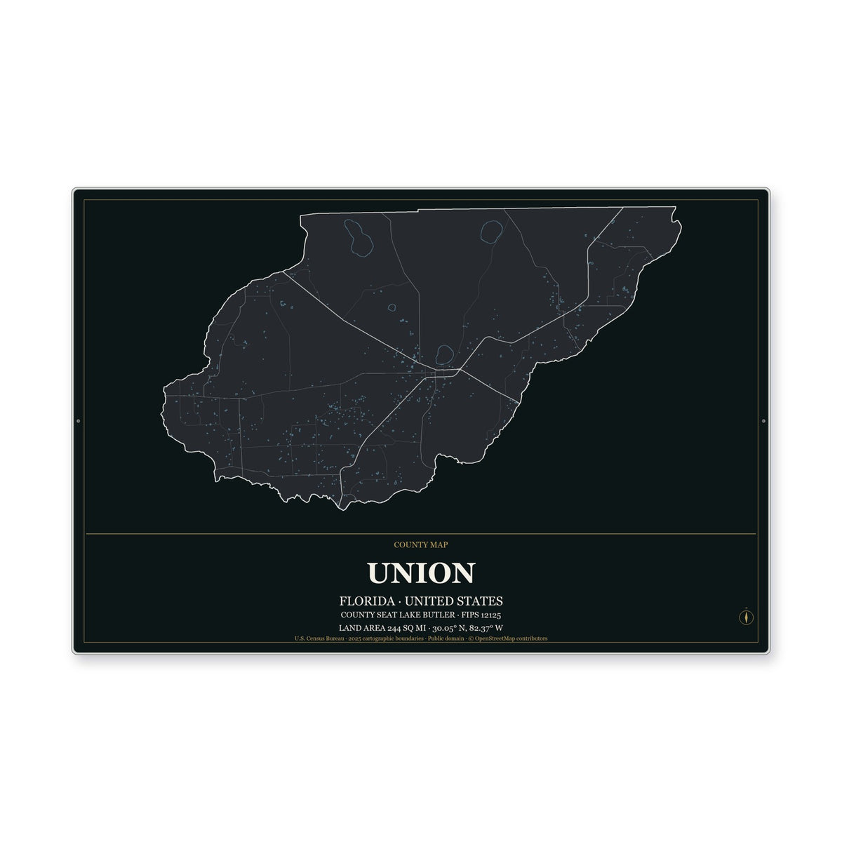 Union County, Florida Map Aluminum Sign in Metropolitan Noir style