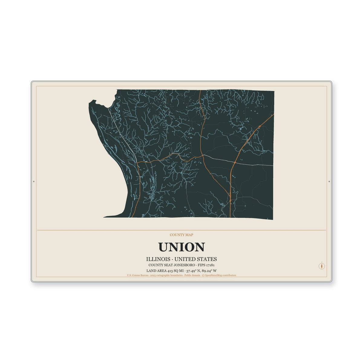 Union County, Illinois Map Aluminum Sign in Headline Atlas style