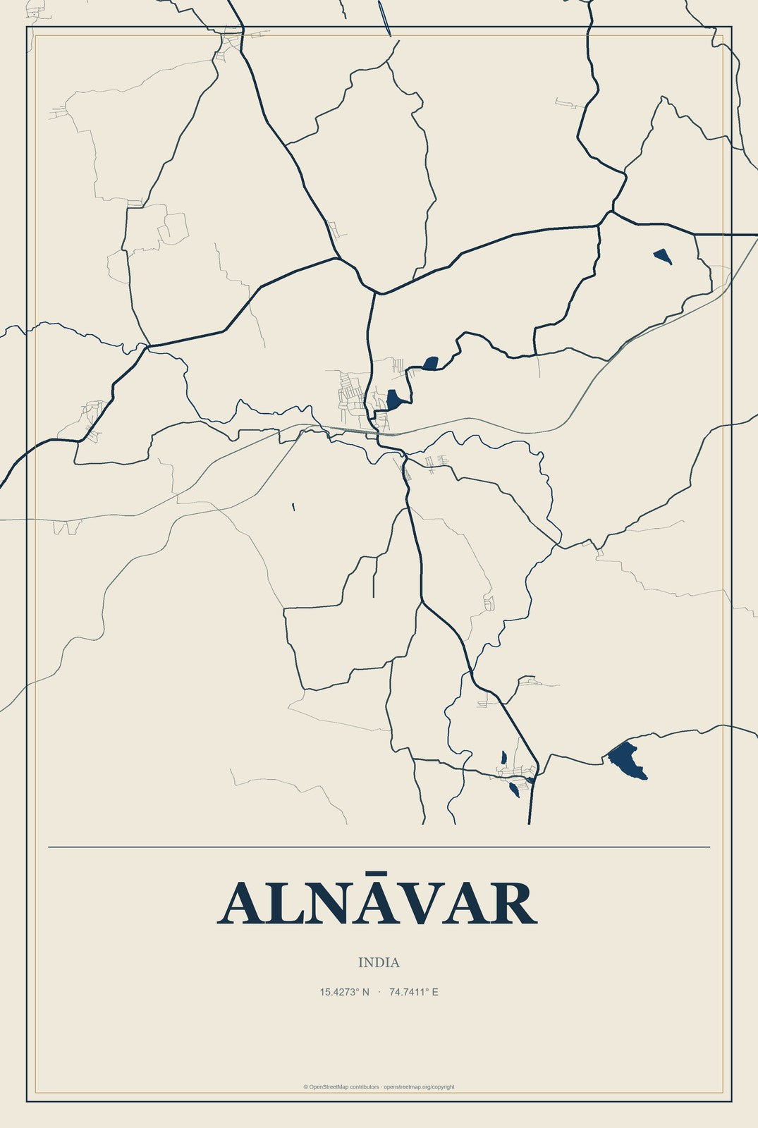 Alnāvar, India City Map Aluminum Sign in Coastal Cutout style