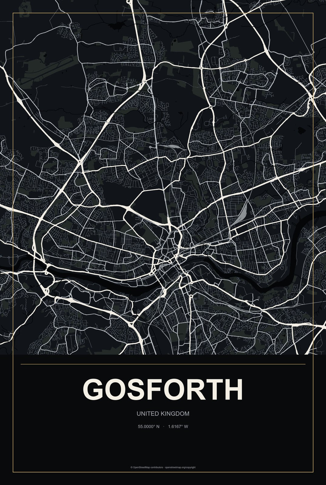 Gosforth, United Kingdom City Map Aluminum Sign in Metropolitan Noir style