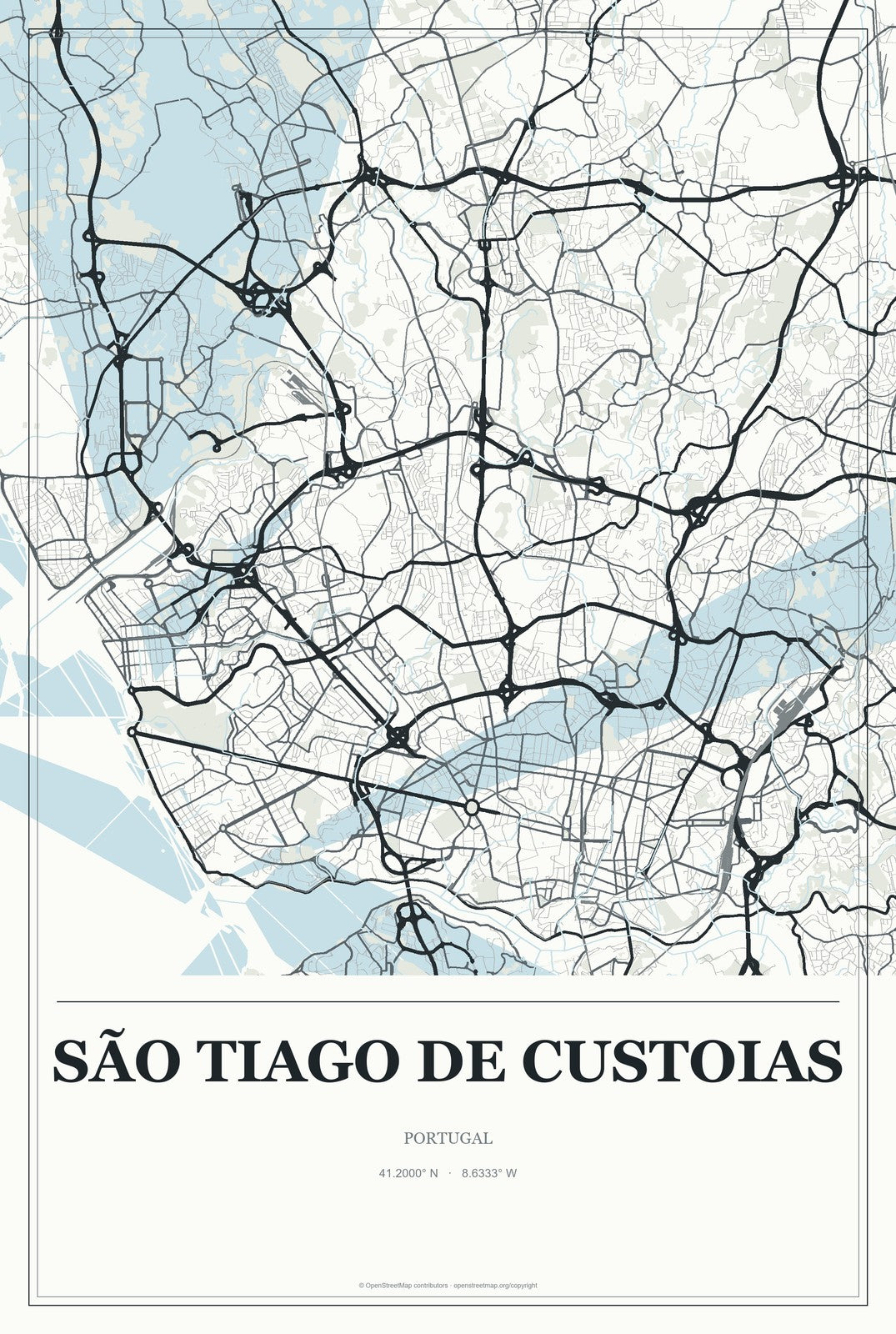 São Tiago de Custoias, Portugal City Map Aluminum Sign in Gallery Air style