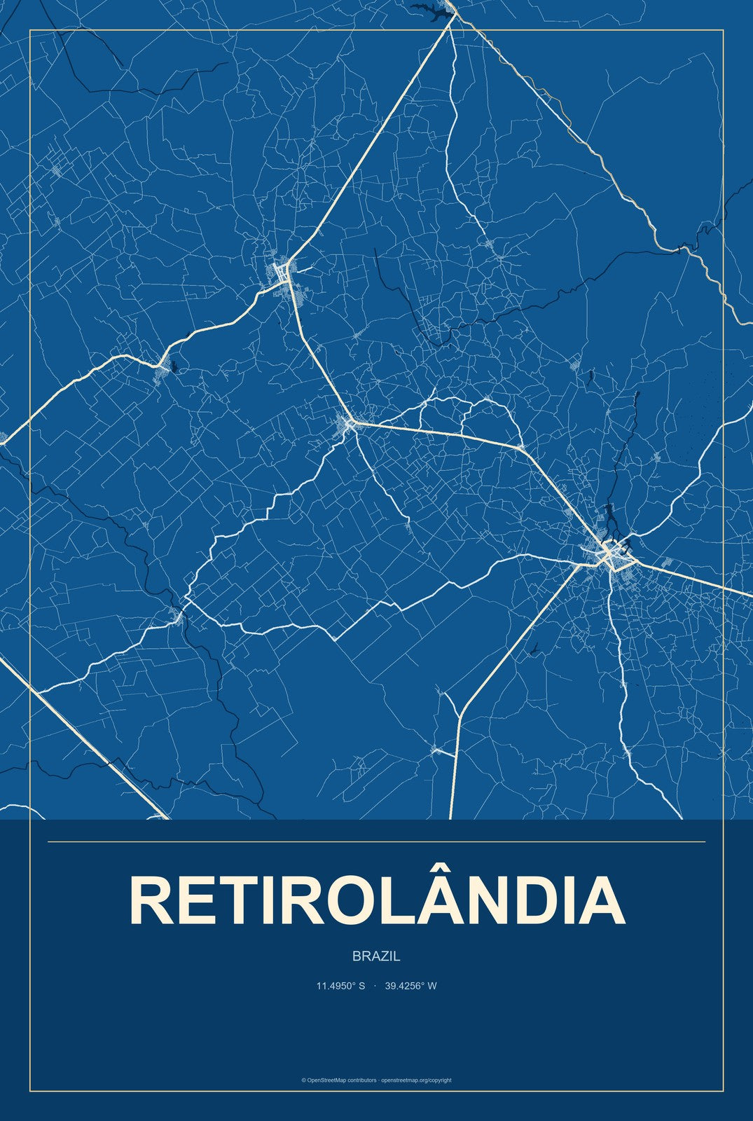 Retirolândia, Brazil City Map Aluminum Sign in Harbor Cobalt style