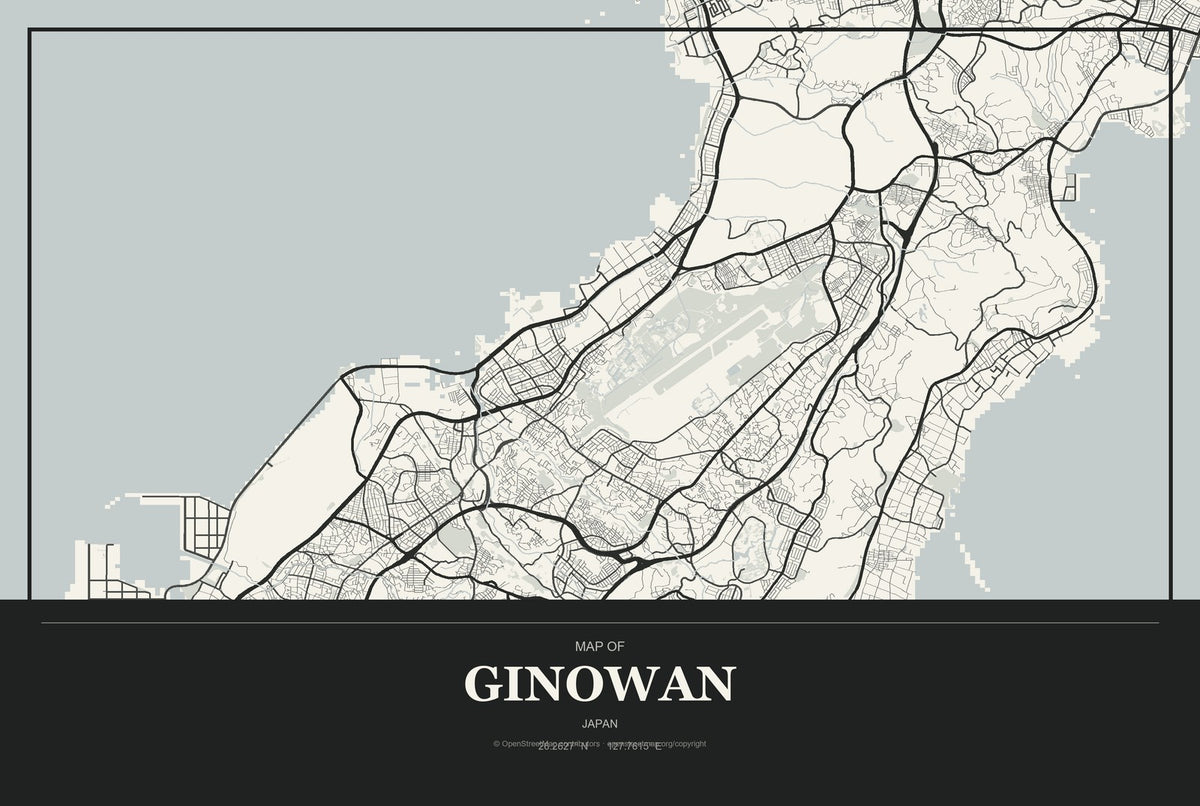 Ginowan, Japan City Map Aluminum Sign in Museum Plaque style