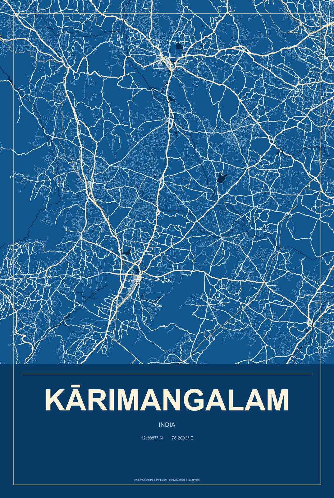 Kārimangalam, India City Map Aluminum Sign in Harbor Cobalt style