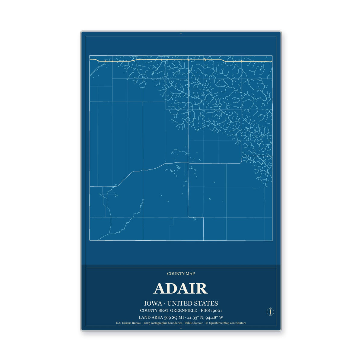 Adair County, Iowa Map Aluminum Sign in Harbor Cobalt style